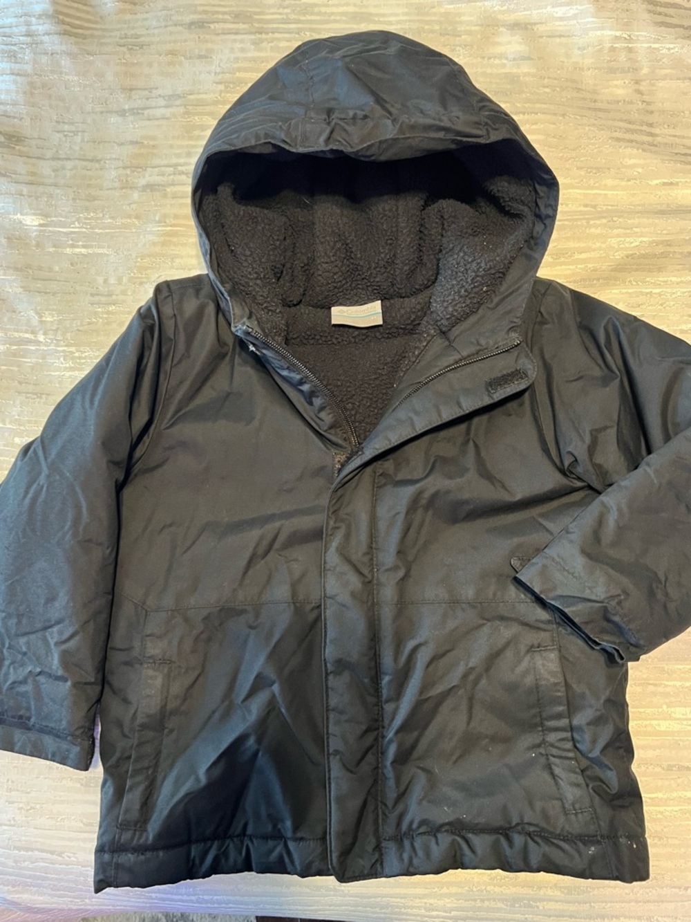Columbia, 4T Kids Black Hooded Puffer Jacket with Sherpa Lining, waterproof